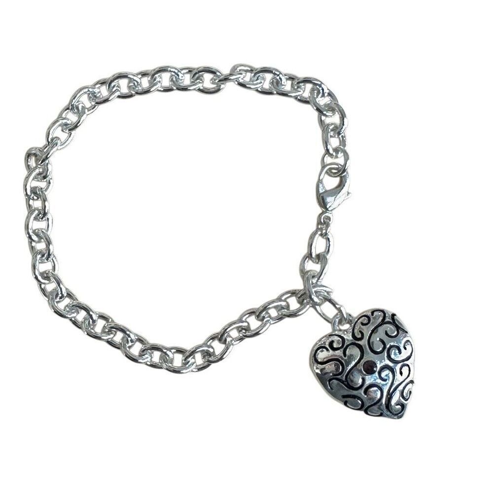 Silver-Tone Swirl Heart Locket Charm Bracelet